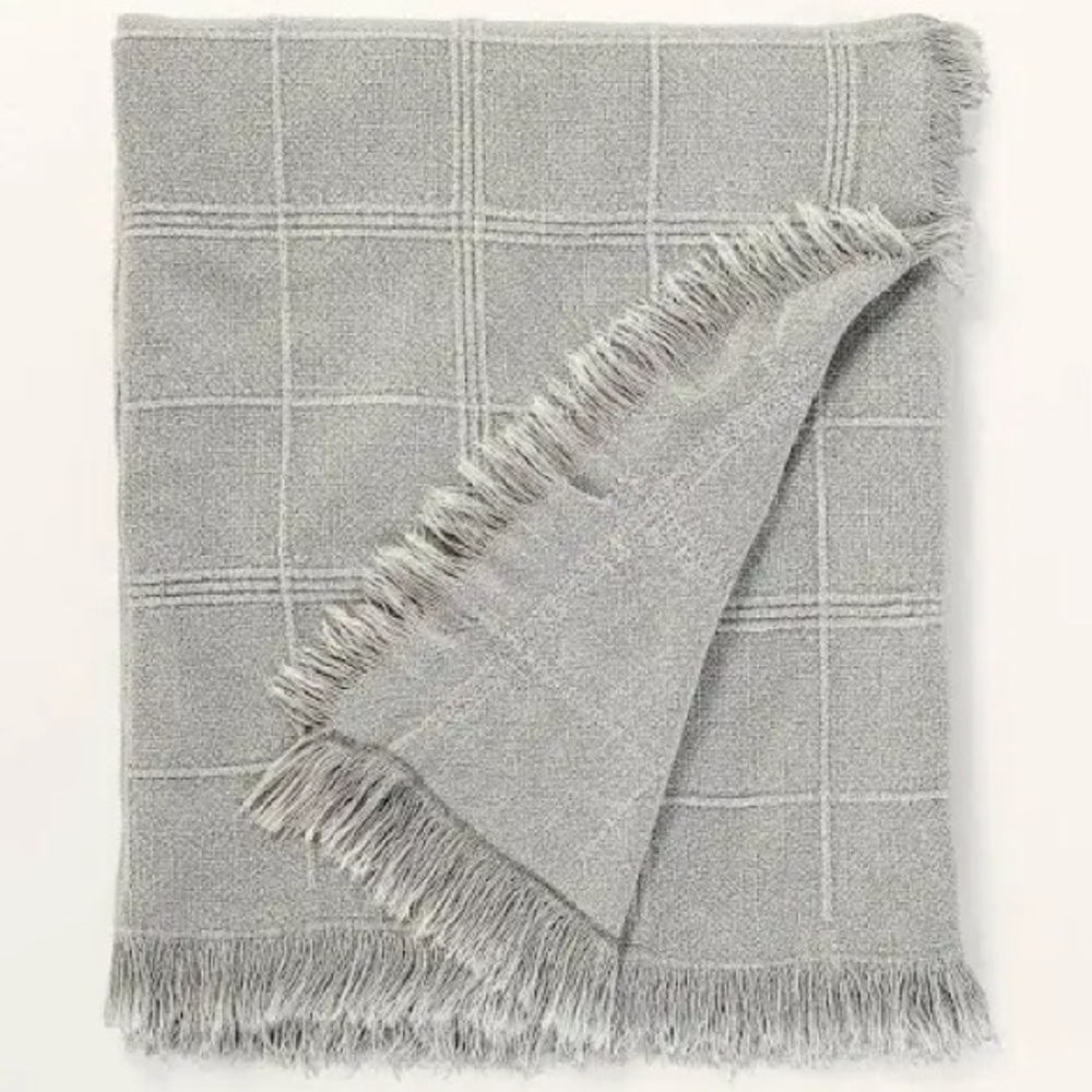 New Hearth & Hand Magnolia Light Gray Fringe Throw Blanket Linen Blend Cottage